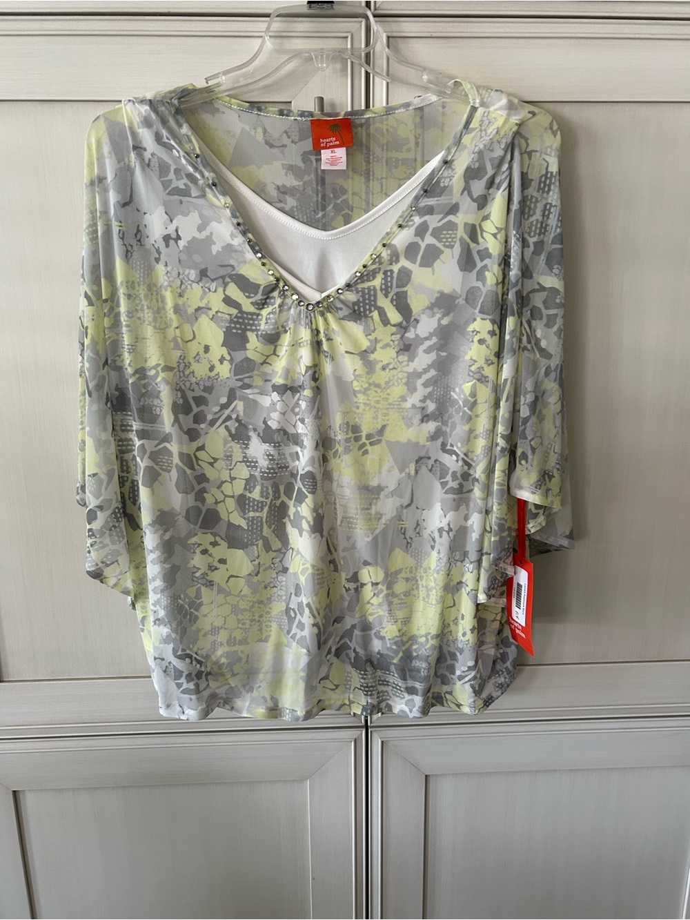 hearts of palm Gray & Lime V-Neck Layered Top with Rhinestone Trim